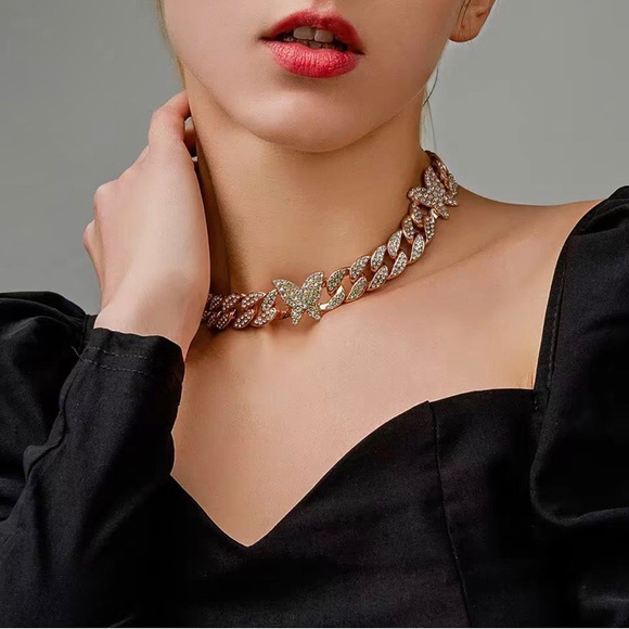 24K Gold Plated Butterfly Cuban Chain Link Choker Necklace - Picture 6 of 7